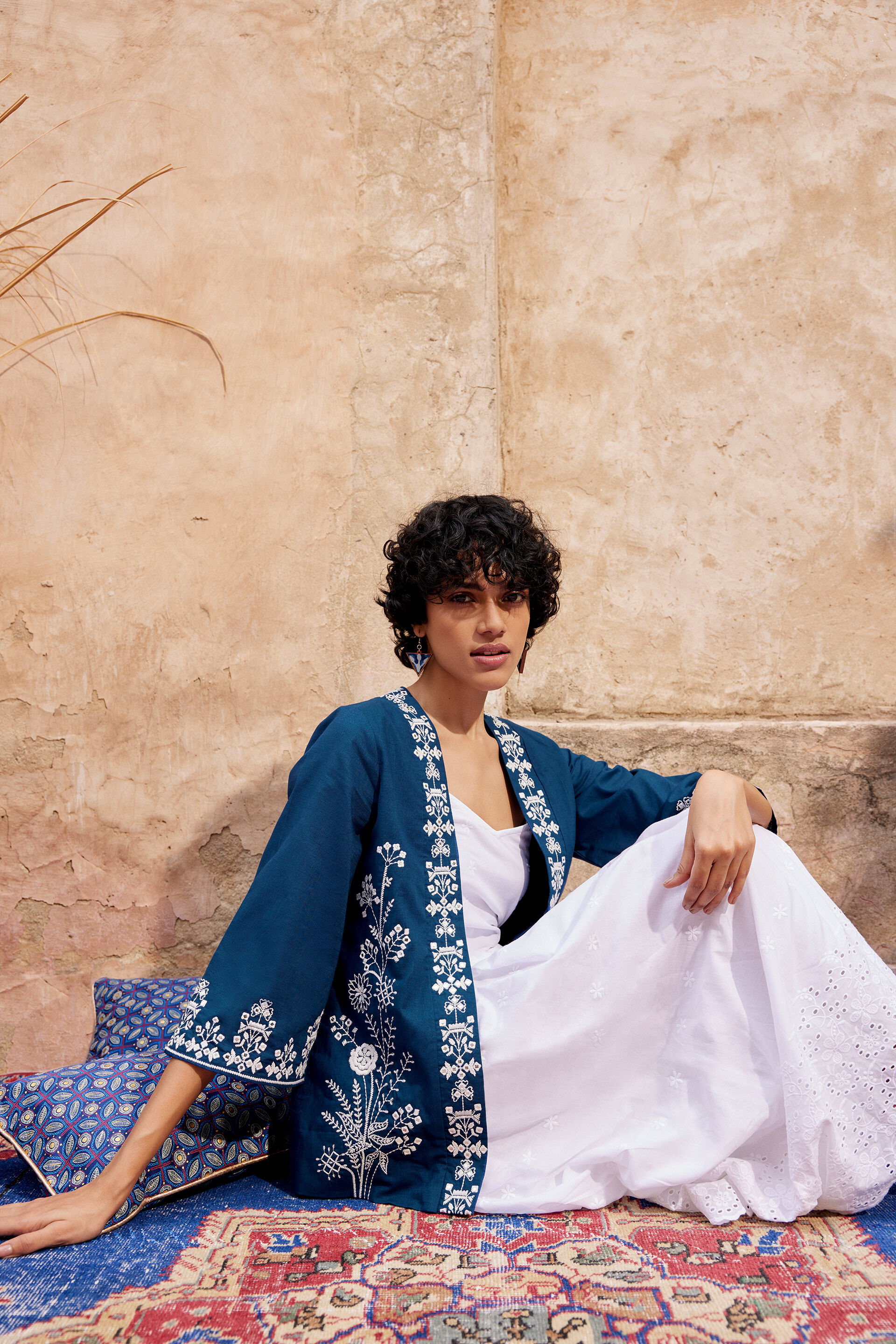 Indigo Blue Embroidered Cotton Jacket, Navy Blue, image 3